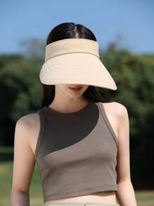 1pc Solid Color Large Brim Hat With Detachable Face Mask, Shoulder Cape For Sun Protection Polyester, Spring Season