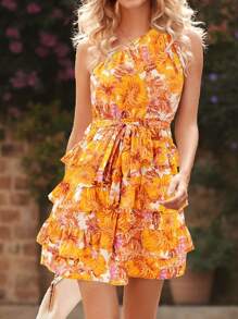 Women One Shoulder Floral Printed Short Dress Summer High Waist Tiered Layer A-Line Mini Dress Beach Holiday Vacation Dating Night Out Party Wedding Guest Valentine Dress Sundress - Màu vàng - Xem 5