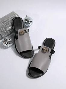 Women's Fashion Casual Contrast Color Rhinestone Decor Outerwear Sandals, Ladies Beach Flip Flops - Dark Grey - View 7