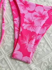 2025新款女士印花露背系带性感比基尼套装，夏季沙滩泳装度假装 - 玫紅色 - 查看 5