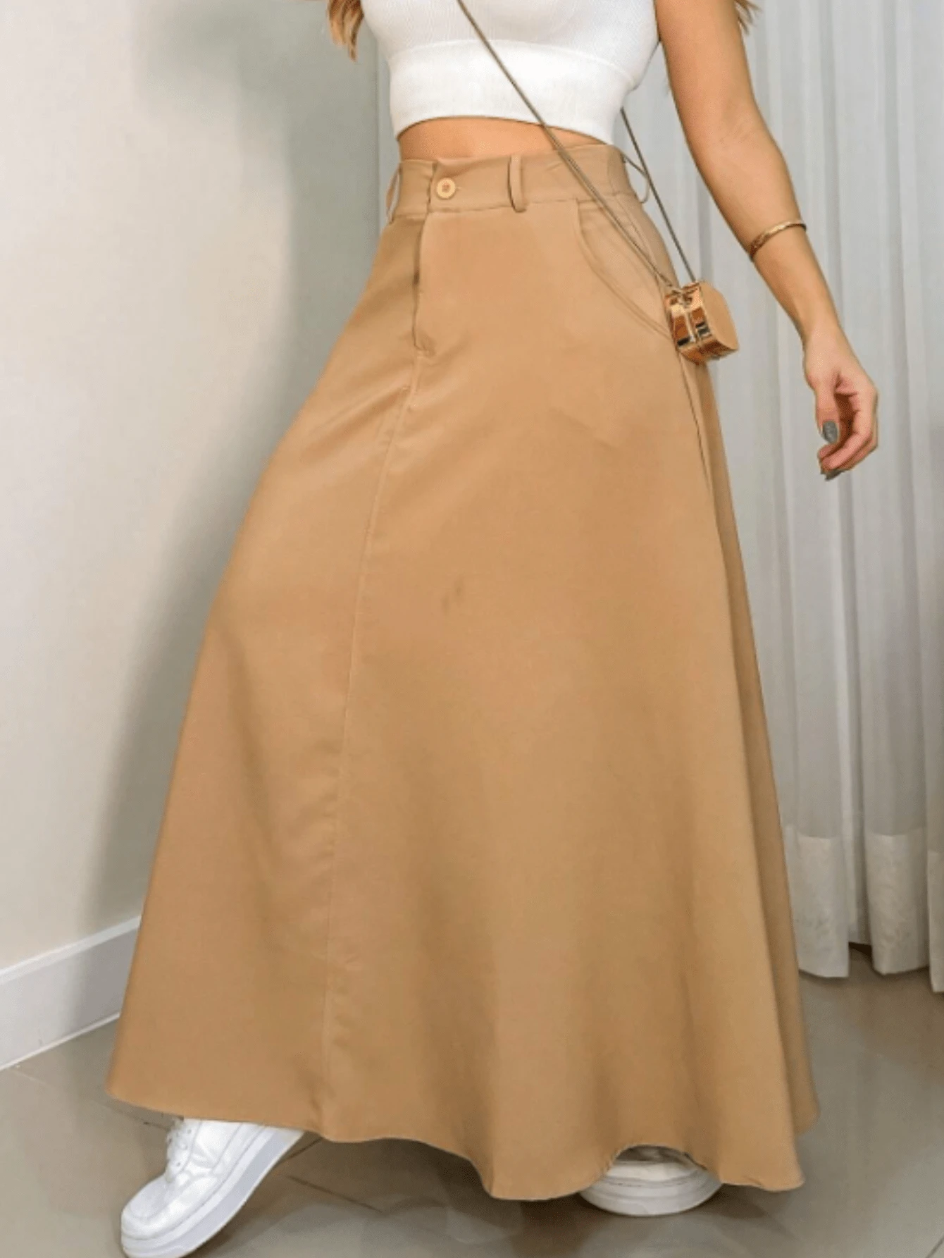 Long Plain High Waist Tailored Skirt With Belt - 米色 - 查看 1