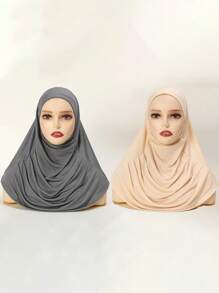 2pcs Women Solid Color Instant Hijab Set, Prayer Casual Pleated Headscarf Combination, Multi-Color Options, Practical Headscarf, Tudong, Instant Long Khimar Hijab, Suitable For Daily Wear All Seasons