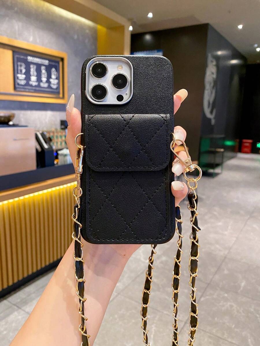 Bộ 1 túi đeo vai da đen vân sần có dây xích + ốp lưng điện thoại chống rơi màu đen viền thẳng, đục lỗ, tương thích với Apple///Redmi//OPPO/VIVO//Transsion chống nước, chống sốc, chống trầy xước, phiên bản quốc tế, không phải phiên bản nội địa. - màu đen - Xem 1