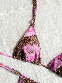 Conjunto de Bikini Triángulo Seductor para Mujer, Estampado Floral Animal Elegante para Vacaciones de Verano en la Playa de Mujer