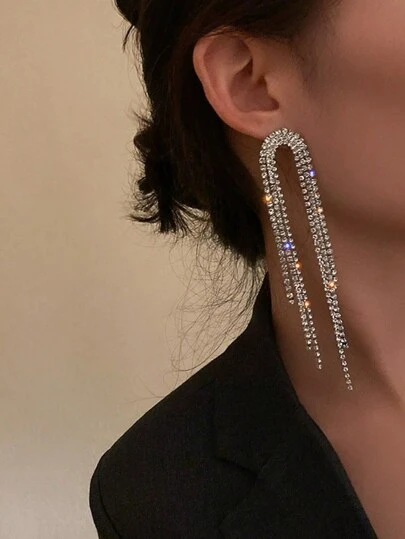 2pcs Sexy Rhinestone Tassel Long Drop Earrings, Elegant Ladies Earrings