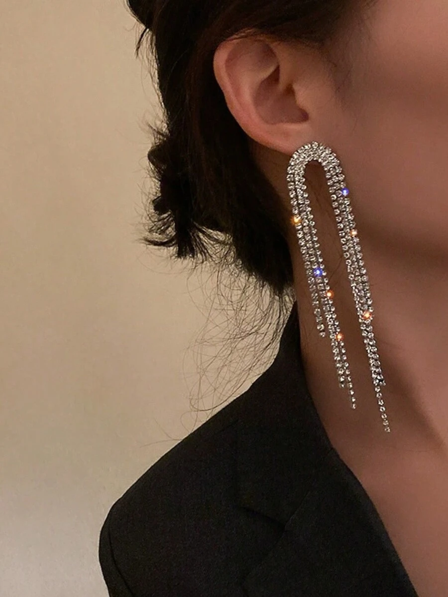 2 chiếc bông tai dài đính đá Rhinestone tua rua quyến rũ, bông tai thanh lịch cho quý cô - Bạc - Xem 1