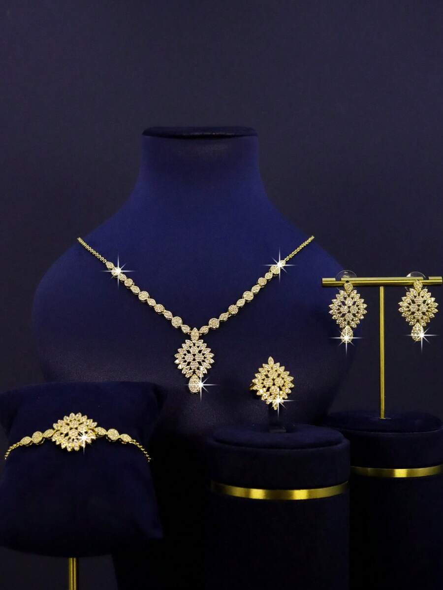 4 件 18K 镀金奢华中东风格皇家新娘婚礼珠宝套装，手工制作，采用绿色蛋形宝石，包括项链、手链、耳环、戒指，适合结婚周年纪念礼物、宰牲节佩戴 - 金色 - 查看 1