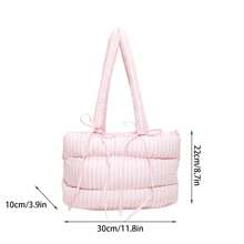 Women Puffer Tote Bag Fashion Striped Print Bow Shoulder Bag Handbag For Travel Daily Shopping - Hồng - Xem 2