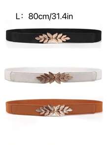 3pcs Women's Leaf Decorated Metal Buckle Elastic Waist Belt, Adjustable, Suitable For Plus Size Skirt Summer, School Fall, Autumn, Halloween - Multicolor - View 12