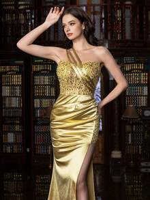 Faeriesty 优雅单肩串珠紧身胸衣开叉大腿晚礼服、派对礼服、婚礼宾客礼服、正式礼服