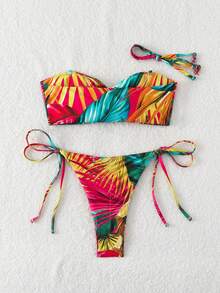 3pcs Set Tropical Print Bandeau Top With Metal Ring, Tie Side Triangle Bottom Bikini & Allover Print Coverup Skirt, Summer Beach Vacation - Multicolor - View 5