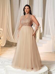 Faeriesty Váy dạ hội trang trọng tay dài cổ bẻ đính sequin Curve Plus - Rượu sâm banh - Xem 4