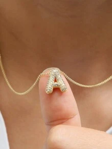 MECYLIFE 1pc Chunky Micro-Inlaid Zirconia Bubble Letter Necklace, 26 Letters Pendant - Gold - View 2