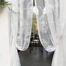 2pcs Set Of Floral Embroidered Sheer Curtains - Rod Pocket Design, Perfect For Living Room, Bedroom, Dining & Balcony Decor, Machine Washable Polyester - White - View 6