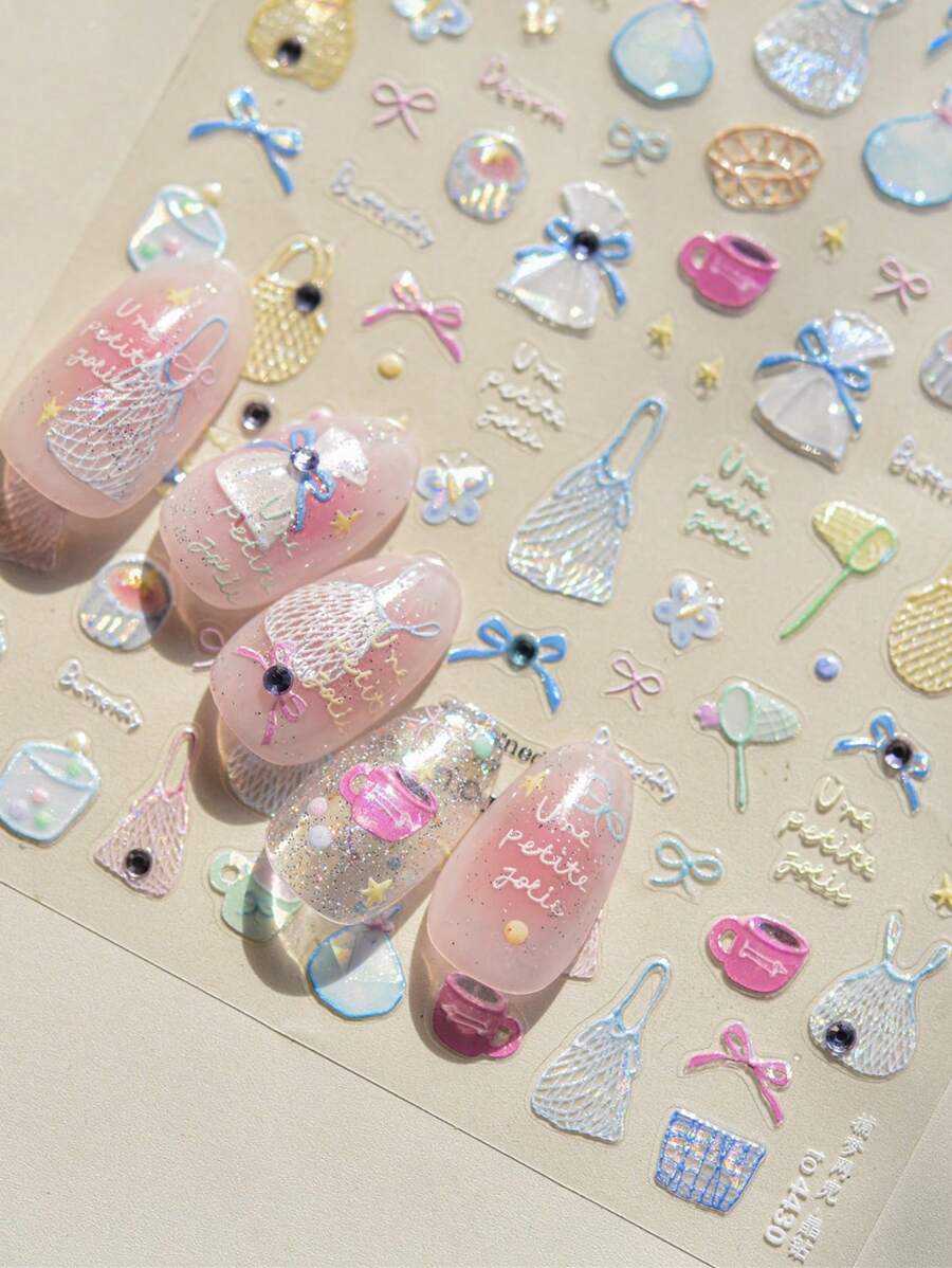 1 件装可爱卡通店铺梦幻网袋水钻蝴蝶结美甲贴纸指甲装饰手工指甲配件 DIY