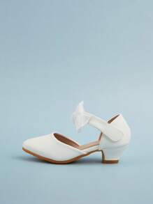 1 双儿童/幼儿蝴蝶结 PU 皮革高跟鞋前扣后开白色优雅时尚百搭公主派对钢琴表演鞋，适合春季、夏季、秋季 - 白色 - 查看 4