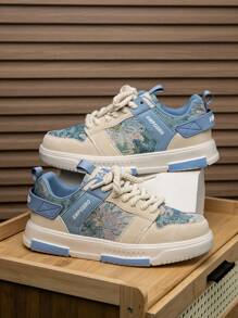 男士复古油画图案系带休闲运动鞋，青少年随机印花防滑透气帆布鞋，百搭