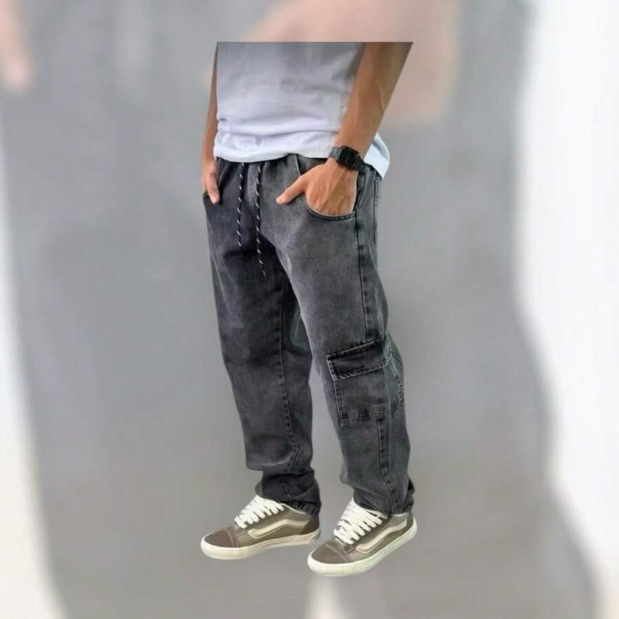 Calça Jeans Cargo Masculina Baggy Streetwear Preta Mescla P Ao GG ...