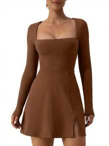 Women Plus Size Slim Fit Short Dress Solid Color Long Sleeve Square Neck Split Hem Party Dress