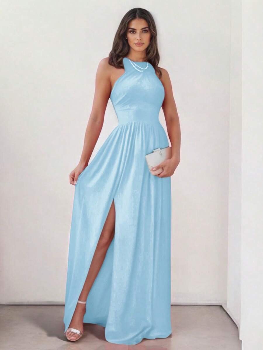 Sophisticated Off-The-Shoulder Long Dress With Leg Slit - Dusty Blue - View 1