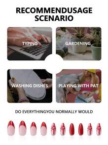 24 件法式杏仁形假指甲，高光红色，带蝴蝶结细节，中长按压式指甲，节日主题，适合女士和女孩 - 彩色 - 查看 5