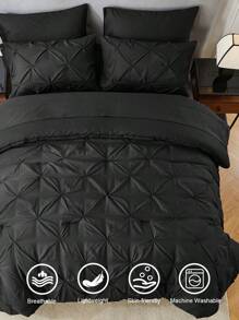 5Pcs/7-Pcs Queen Pinched Pleat Bed Comforter Sets Queen  - Luxurious, Soft, Breathable, Hypoallergenic, And Cooling Summer Bedding For All Seasons With Sheets, Pinched Pleat   Design, And Bed-In-A-Bag Convenience - Easy Care, Machine Washable, And Durable,  Ideal Gift - 黑色 - 查看 4