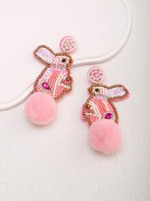 1 Pair Fashionable Easter Day Earrings With Beads, Sequins And Embroidered Eggs And Rabbits Design For Women