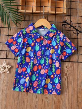 1 件小男孩夏季兔子和复活节彩蛋不对称全身印花 Polo 衫，休闲、度假、沙滩、运动、学生，4-7 岁