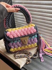 1pc Handwoven Contrast Color Cloth Strap Women Handbag, Colorful Contrast Color Fashionable Casual Tote Bag With Removable Strap & Handle, Spacious Shoulder Bag For Daily Use, Gift For Friends - Multicolor - View 19