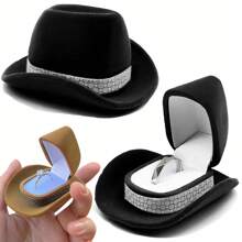 1pc Creative Cowboy Hat Jewelry Box, Velvet Ring Box, Unique Western Cowboy Hat Jewelry Box, Vintage Ring Box For Weddings/Engagements, Valentine's Day Gift, Wedding Party Necklace Box - Multicolor - View 2