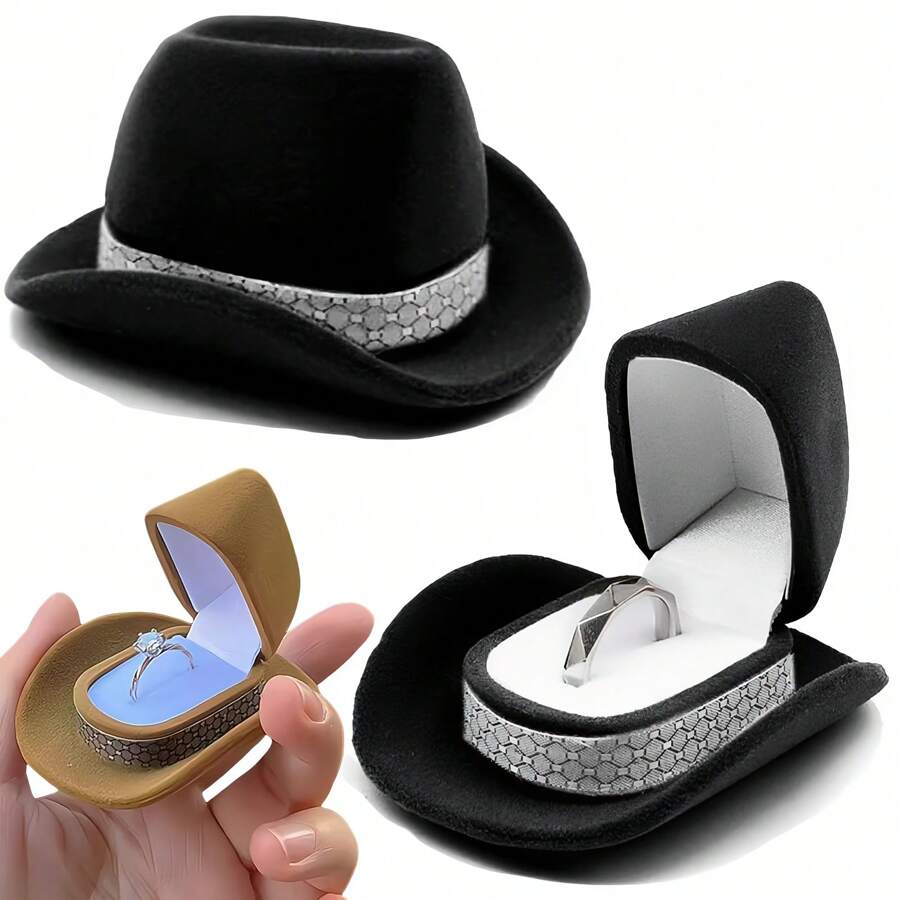 1pc Creative Cowboy Hat Jewelry Box, Velvet Ring Box, Unique Western Cowboy Hat Jewelry Box, Vintage Ring Box For Weddings/Engagements, Valentine's Day Gift, Wedding Party Necklace Box