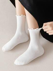 4 Pairs Kids Solid Black & White Simple Versatile Casual Ruffle Edge Soft Comfortable Mid-Calf Socks - Black and White - View 2