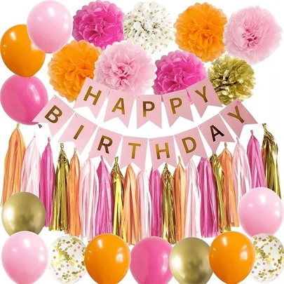 Decoraciones para fiesta de cumpleaños rosa y naranja, pancarta rosa intenso y dorado, globos, suministros de decoración, guirnalda de borlas, pompones de papel, decoraciones para cumpleaños 21, decoraciones de fiesta rosa
