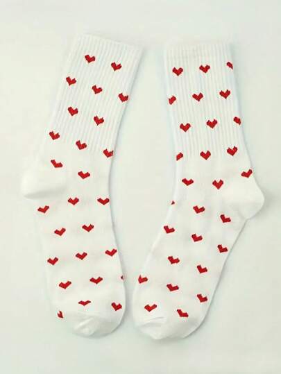 1 par de calcetines de media pantorrilla con estampado de corazón de estilo Ins para mujer, estilo deportivo universitario, otoño