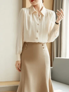 YUXIN Elegancka francuska bluzka z szyfonu z kołnierzykiem polo, wiosenne nowości, prążkowany żakardowy wzór, długi rękaw - Morela - Zobacz 6