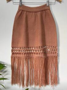 Skirt Knitted Beach Cover-Up With Fringes And Detail On The Hem. - Màu be - Xem 2