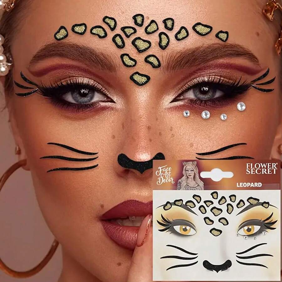 Set de 1/3 piezas de pegatinas con diseño de cara de animal con estampado de leopardo con brillo - Pegatinas de cara de animal de fácil y rápida aplicación para actuaciones en el escenario, el diseño de cara de animal se puede usar como decoración para fiestas - Adecuado para festivales de música, Halloween, carnavales y fiestas de Navidad, bailes de máscaras - Multicolor - Ver 1