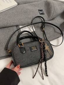 New Soft Leather Boston Tote Bag With Plush Doll Charm, Spacious Shoulder Bag, Suitable For Commuting In All Seasons - Black - View 6