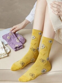3 Pairs Random Women Floral Pattern Mid-Calf Socks, Cute Fashion Casual Breathable Sports Socks For Spring/Autumn, Suitable For Daily Wear