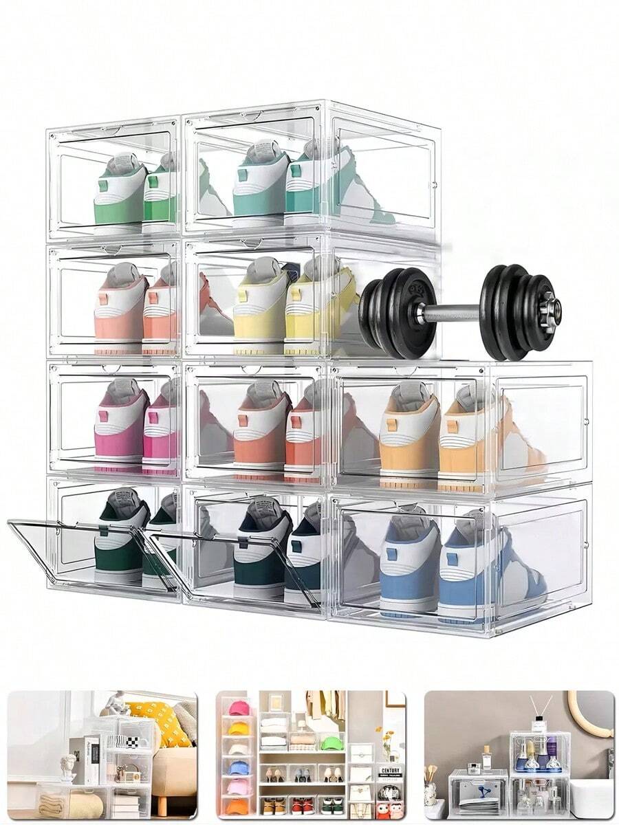 10 Pack Shoe Organizer, Upgraded Stackable Clear Shoe Box, Display Storage Box, Transparent Plastic Drawer Multifunctional Shoe Box, With Suction Door, Shoe Rack, Shoe Cabinet, Suitable For Office And Home Display And Storage, Transparent