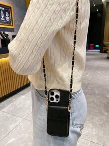 1 Set Black Leather Grain Shoulder Bag With Chain + Black Straight Edge Perforated Anti-Drop Phone Case Compatible With Apple///Redmi//OPPO/VIVO//Transsion