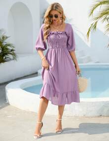 GoyRrbay Women's Sundress Half Sleeve Elastic Square Neck Smocked Ruffle Hem Midi Beach Dress - Màu tím - Xem 2