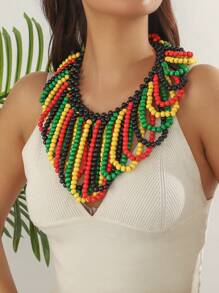 Handwoven Wood Bead V-Shaped Necklace, Exaggerated African Bridal Accessory, Party Decoration, Factory Outlet, Natural Wood Beads, Slight Defects, Occasional Color Difference, Not Seconds, Caution For Those Seeking Perfection