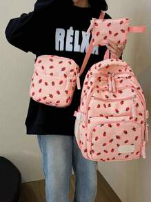 Bộ 3 chiếc ba lô nhiều ngăn gấp gọn bằng vải nylon màu trơn phong cách tươi mới thường ngày họa tiết dâu tây, nơ, anh đào, khóa kéo jacquard, dung tích lớn, thích hợp cho nữ mặc hàng ngày, sinh viên đại học, đào tạo, đi học, mua sắm, du lịch - Hồng - Xem 8