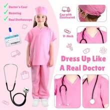 Conjunto de 6 piezas Disfraz de doctor para niños con bata quirúrgica y accesorios, disfraz de Halloween para niños y niñas pequeños, color rosa