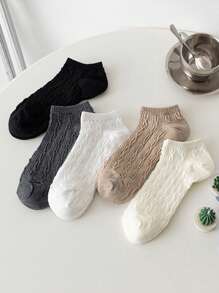 5 Pairs Women's Solid Color Simple Cable Knit Athletic Style Breathable Ankle Socks