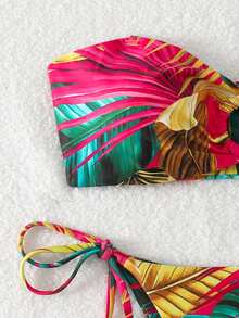 3pcs Set Tropical Print Bandeau Top With Metal Ring, Tie Side Triangle Bottom Bikini & Allover Print Coverup Skirt, Summer Beach Vacation - Multicolor - View 6