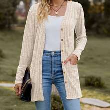Womens Open Front Cardigans Button Down Casual Ribbed Lightweight Knit Outerwear - Apricot - View 1