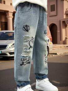 Jeans bordados y desgastados para niño en primavera con bolsillos rasgados
