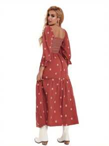 Women Long Dress, Long Sleeve Dress Square Neck Embroidery Flower Loose Swing Dress - Tan - Xem 4